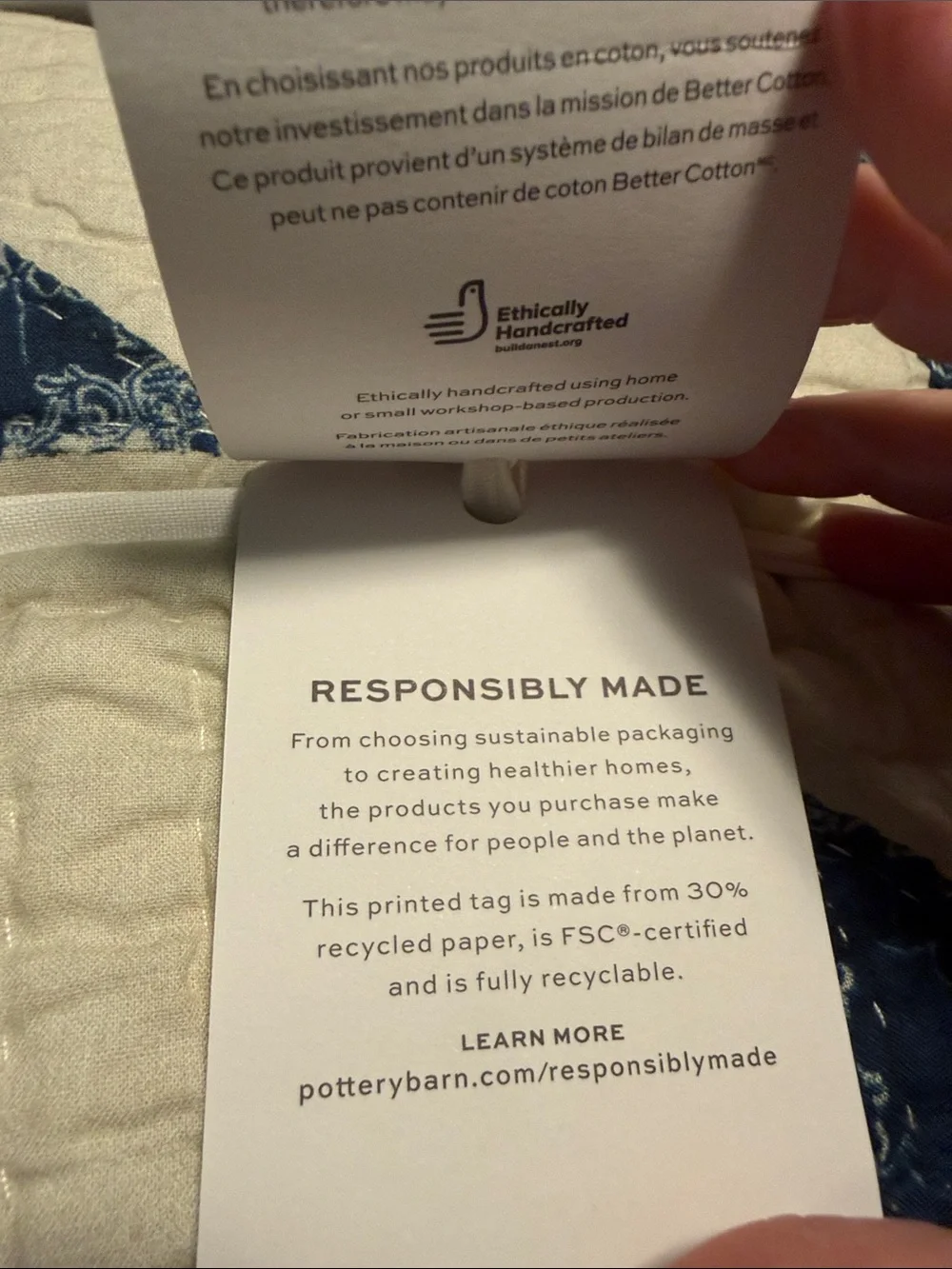 Pottery Barn Lucia King Sham in Cream and Navy Blue Cotton 36” x 20”